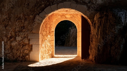 Stone Arch Opening Sunlight Pouring Onto Interior Stone Floor