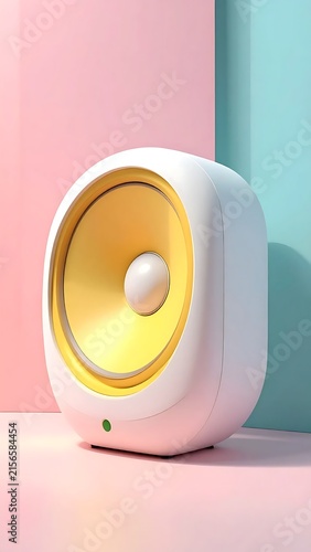 Modern minimalist white and yellow audio speaker on pastel background.