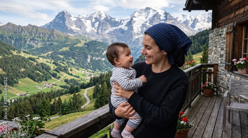 Fototapeta premium Woman wearing headscarf holding smiling baby on rustic balcony with dramatic snow capped peaks and winding valley below, joyful mother child moment in alpine setting