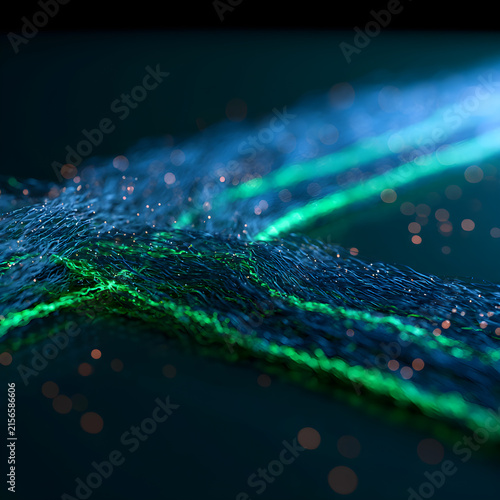 Futuristic data flow portal with blue light streams crossing regulatory boundary gate dark background 3D clean render macro photography copy space