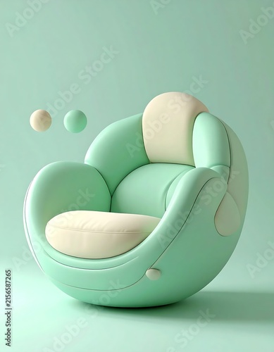 Modern mint green and cream rounded armchair design.