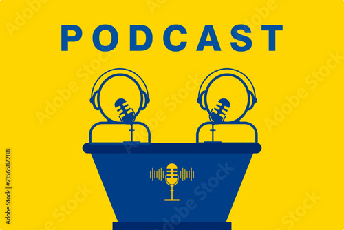 Podcast interview illustration with two hosts and mics