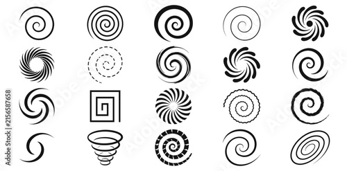 Collection of various black and white spiral shapes and swirl icons for graphic design and artistic projects