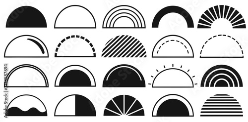 Set of various black and white arch shapes and abstract geometric rainbow icons for modern graphic design projects