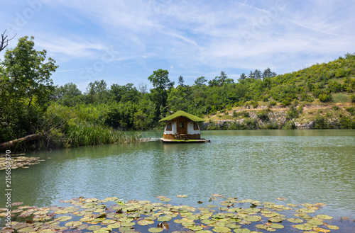 A beautiful landscape: a small house on the shore of a lake in Zlaten Park in Lukovit, Bulgaria