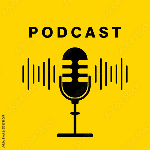 Yellow podcast badge with microphone and sound waves