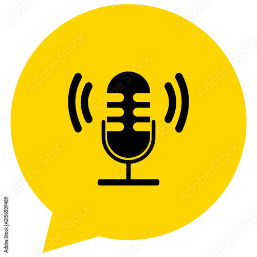 Yellow speech bubble icon with podcast microphone
