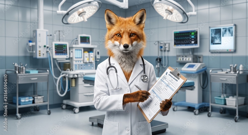 Naklejka premium Professional Fox Doctor in White Coat with Clipboard in Hospital
