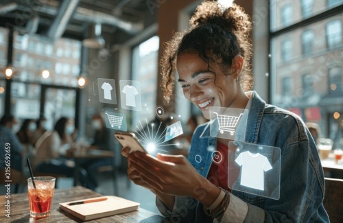 Photorealistic customer using mobile phone for online shopping in a modern cafe with holographic shopping elements