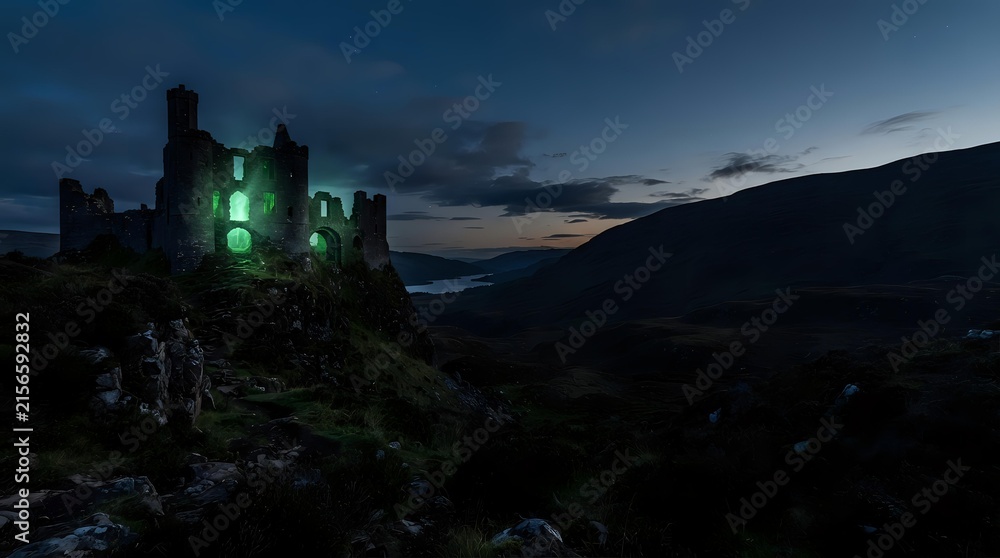 Obraz premium Illuminated castle ruins at dusk with glowing lights on stone towers