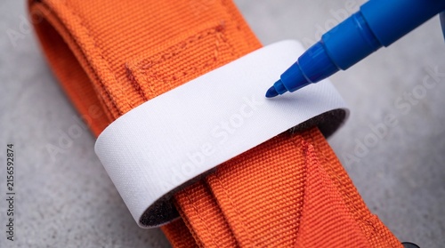 Blue marker writing application time on a white label attached to an orange emergency tourniquet. Emphasizes proper trauma documentation, bleeding control protocol, and emergency medical training.