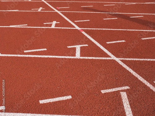 Фотография Textured red rubber running track surface featuring solid white lane lines contrasted with smaller blue and yellow markings