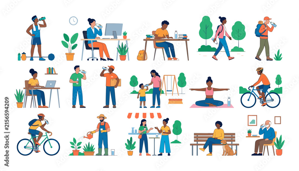 Fototapeta premium People drinking water vector character set engaged in fitness office work studying hiking cycling gardening and everyday lifestyle activities