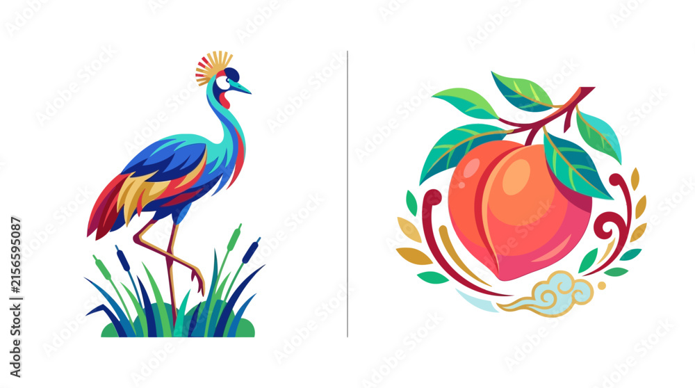 Naklejka premium Stylized colorful crane in marsh and vibrant peach fruit vector illustration set