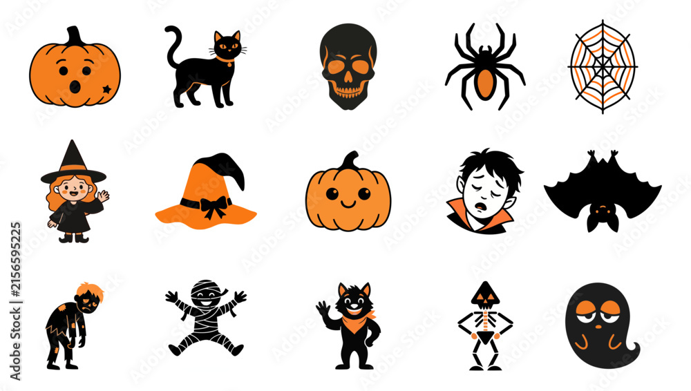 Obraz premium A spooky halloween collection featuring pumpkins black cats ghosts witches and other terrifyingly fun seasonal icons