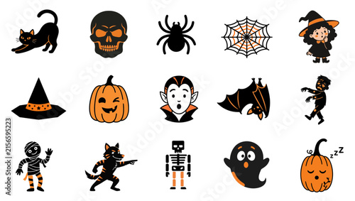 A delightful collection of classic halloween icons including spooky ghosts bats pumpkins and other eerie characters for festive celebrations
