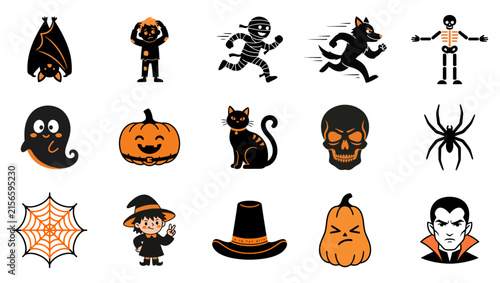 A spooky collection of classic halloween icons including ghosts pumpkins and monsters perfect for festive decorations and celebrations