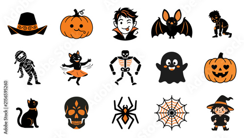 A spooky collection of halloween icons witches ghosts pumpkins skeletons and more for a festive october celebration