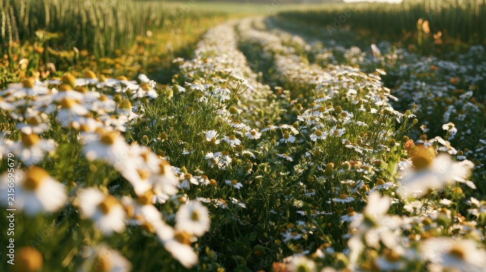 Obraz premium Regenerative chamomile field with wildflower strips, pollinator habitat, soil restoration, sustainable herb production