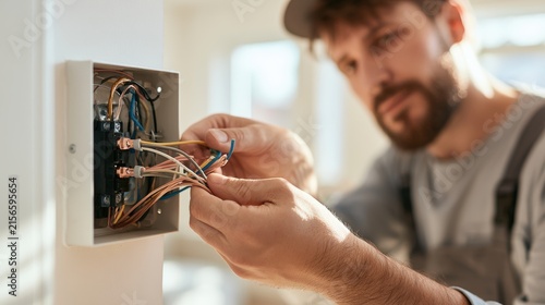 Male electrician with beard connects wires inside an electrical panel while wearing gray overalls, with a bright indoor setting and natural light illuminating the workspace
