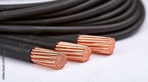 Close-up view of three copper electrical wires with black insulation, showcasing exposed copper strands, arranged on a white background, highlighting the structure and material of electrical component