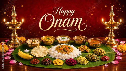 Delicious vegetarian sadhya meal served on green banana leaf beside glowing brass lamps wishing happy onam celebrating south indian festival in kerala