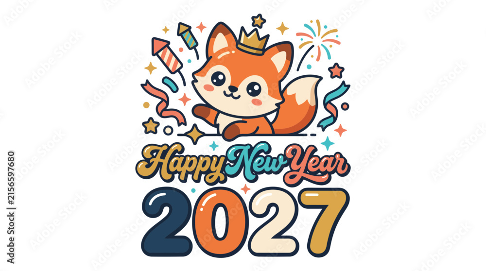 Fototapeta premium Cute Cartoon Fox Celebrating Happy New Year 2027 15.