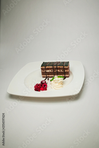 Gourmet layered chocolate cake slice served with whipped cream and fresh berries on a white plate isolated on clear background