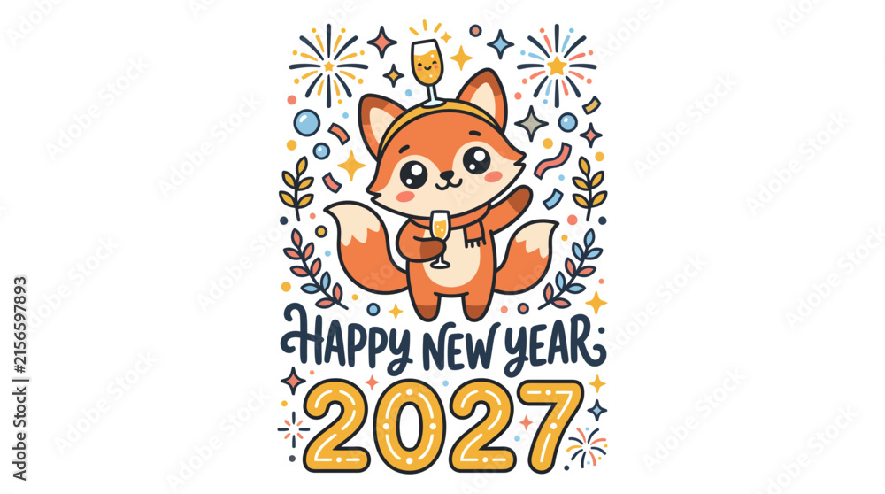 Fototapeta premium Cute cartoon fox celebrating New Year 2027 3.
