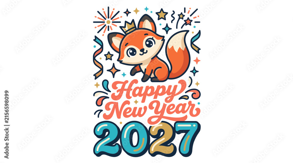 Fototapeta premium Cute Cartoon Fox Character Celebrating Happy New Year 2027 12.