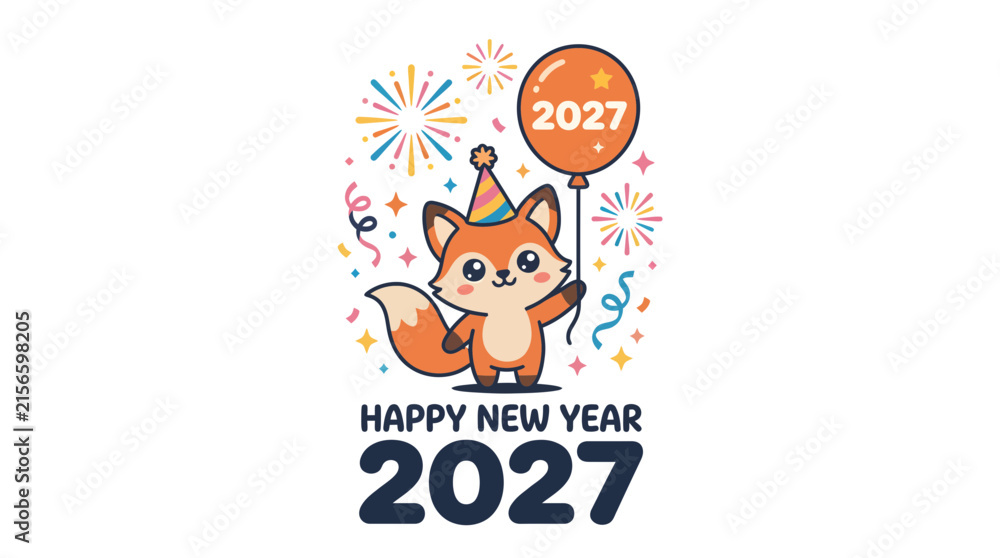 Fototapeta premium Cute cartoon fox character celebrating New Year 2027 13.