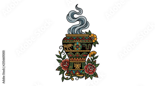 Ornate Incense Burner with Smoke and Flowers