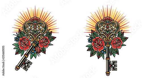 Ornate Key with Roses and Radiant Sunburst
