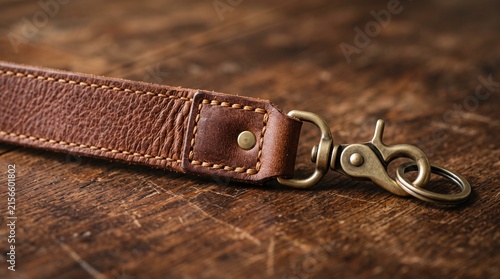 Close up of a distressed leather strap with a vintage brass swivel clasp on a wooden background