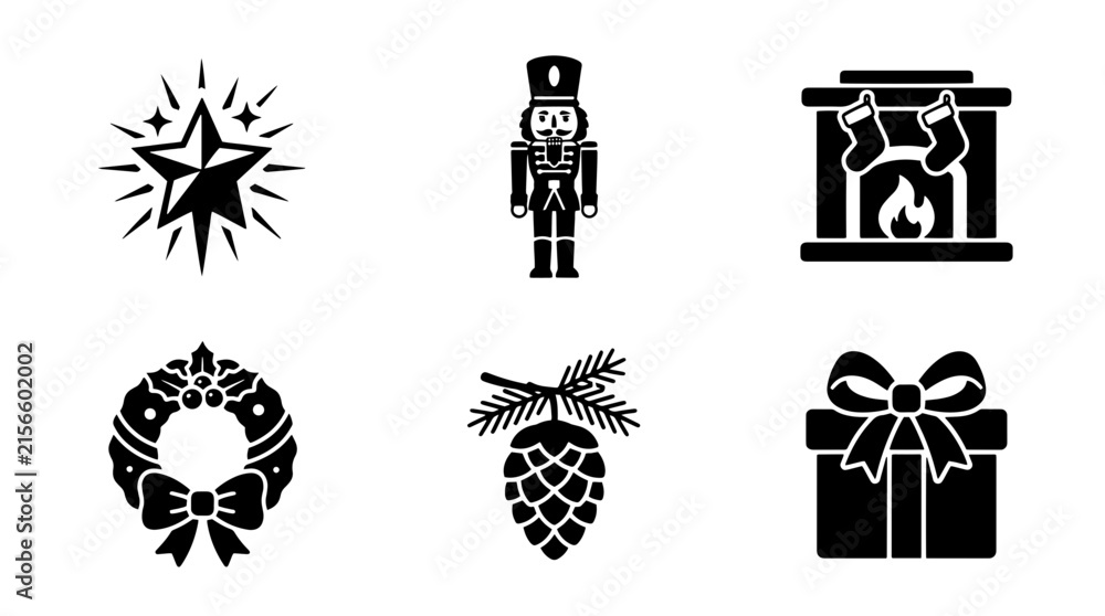Fototapeta premium Set of black and white Christmas holiday icons featuring a star, nutcracker, fireplace, wreath, pine cone, and gift box for seasonal design projects isolated on transparent background