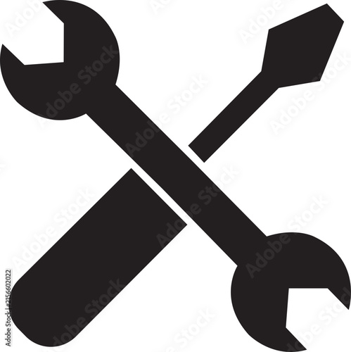 Crossed wrench and screwdriver tools black flat icon. Vector for repair, maintenance, service mechanic, construction hardware, setting option, fix, work equipment and support button concept.
