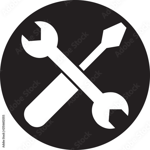 Crossed wrench and screwdriver tools black flat icon. Vector for repair, maintenance, service mechanic, construction hardware, setting option, fix, work equipment and support button concept.