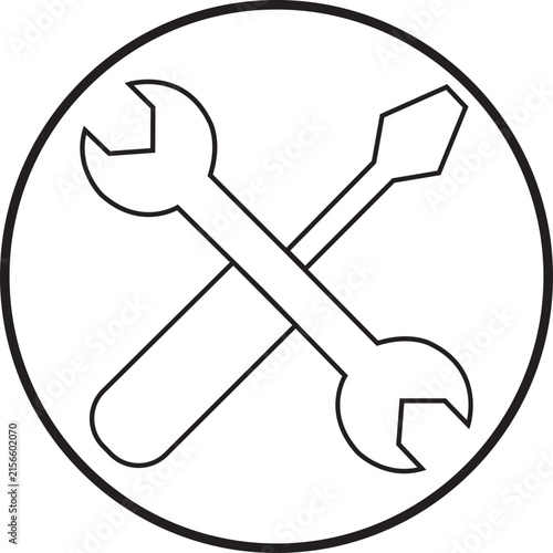 Crossed wrench and screwdriver tools black line icon. Vector for repair, maintenance, service mechanic, construction hardware, setting option, fix, work equipment and support button concept.
