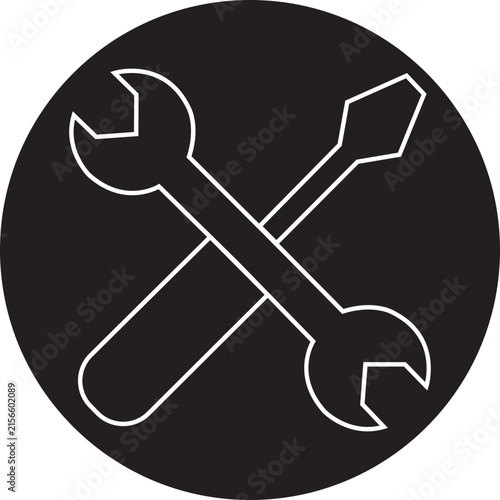 Crossed wrench and screwdriver tools black line icon. Vector for repair, maintenance, service mechanic, construction hardware, setting option, fix, work equipment and support button concept.
