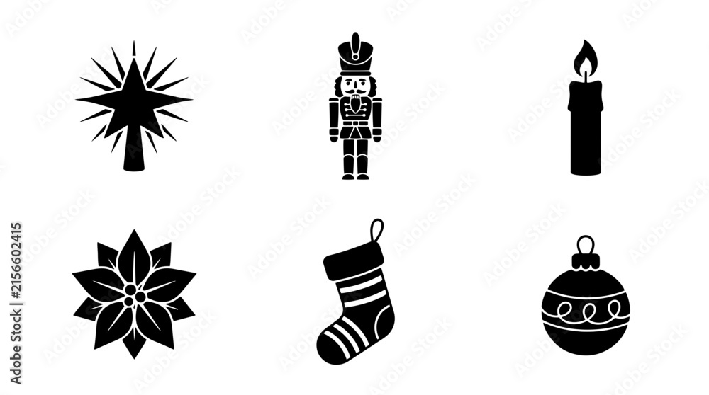 Fototapeta premium Set of black silhouette Christmas icons featuring a star, nutcracker, candle, poinsettia, stocking, and bauble ornament for festive holiday graphic design projects isolated on transparent background