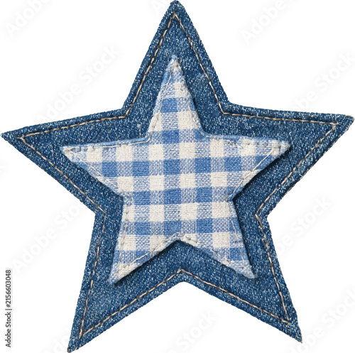 Denim star patch showcasing a blue gingham fabric insert and stitched edges. Providing a versatile design element for craft projects. Scrapbooking