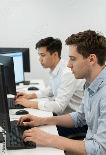 Two young men focused on co...