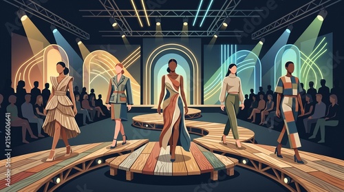 Diverse models showcase avant-garde fashion on a vibrant runway stage with an appreciative