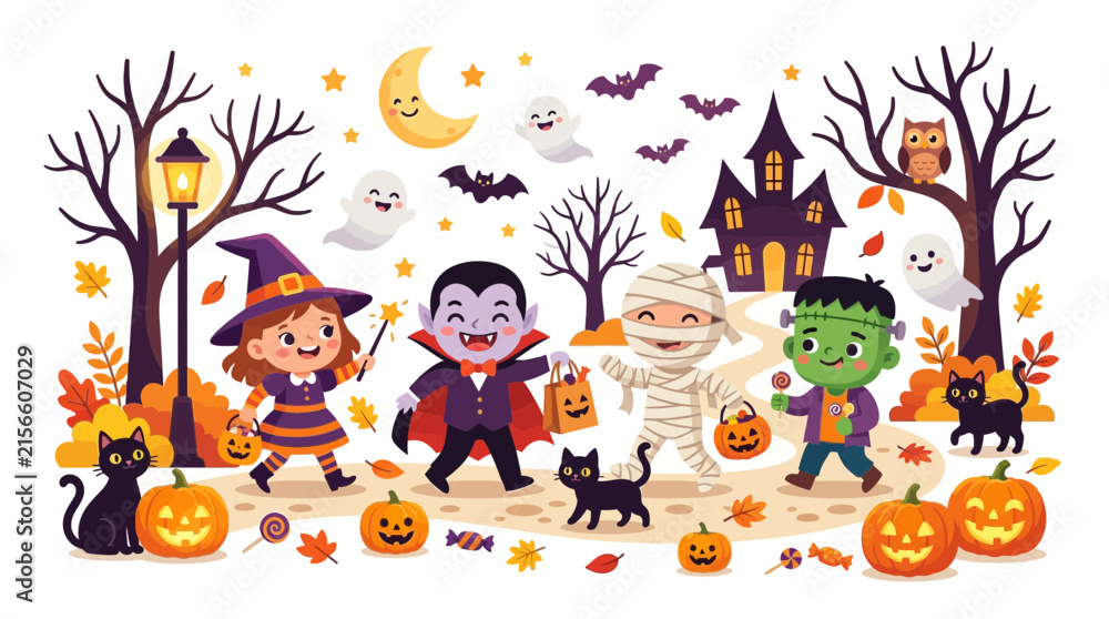 Naklejka premium Cute Halloween Character Vector Collection with Friendly Ghost, Smiling Pumpkin, Black Cat, Witch, Vampire, Skeleton and Monster