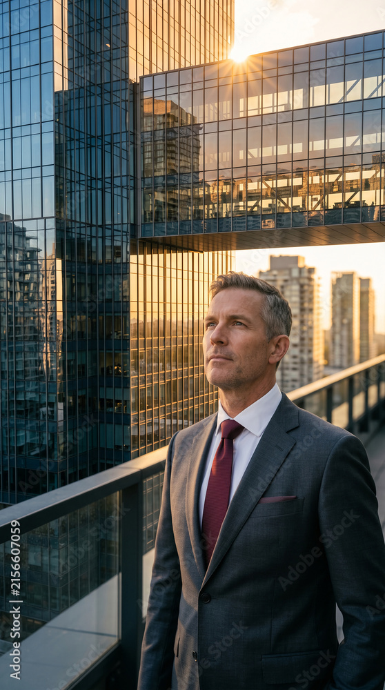 Fototapeta premium Man in suit against modern building with sunset reflections, symbolizing ambition, success, and urban professional life.