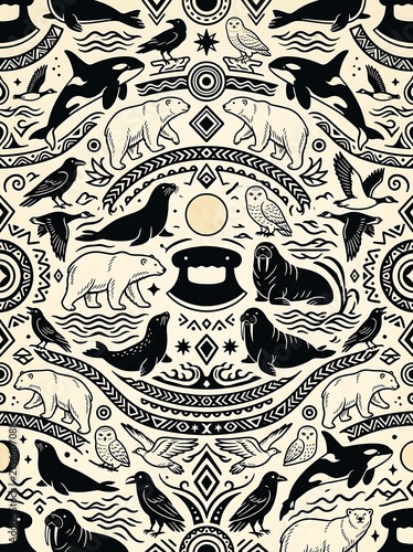 Stylized arctic animal pattern featuring polar bears orcas and birds