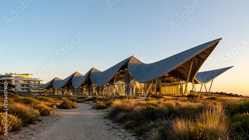 Contemporary coastal building with triangular peaked roof design at golden hour