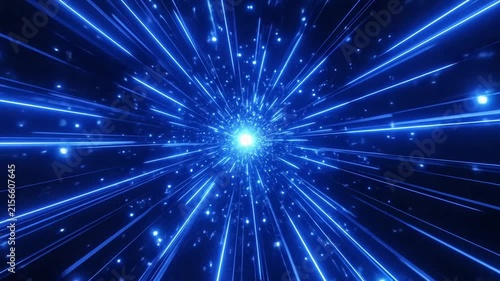 Abstract blue light streaks and particles moving through a digital tunnel