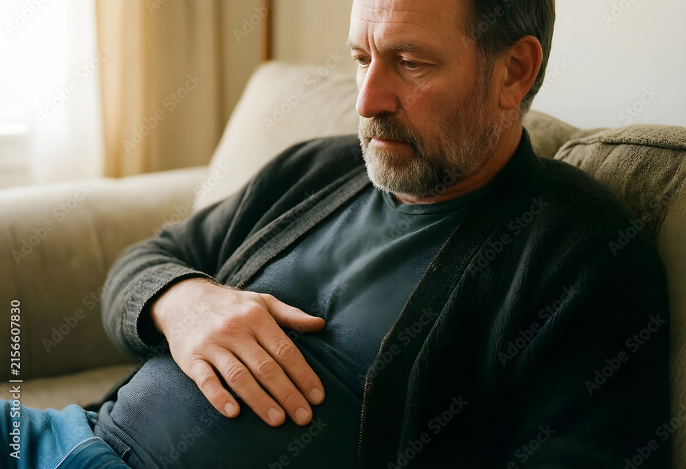 Fototapeta premium Mature man experiencing stomach pain or discomfort while sitting on a sofa at home, Health and medical
