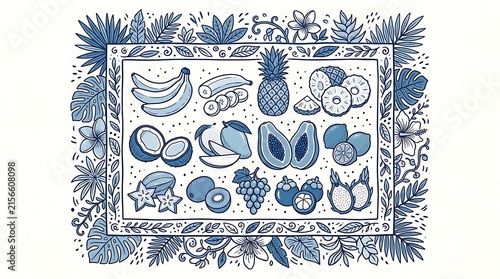 Collection of tropical fruits and exotic leaves in blue ink style